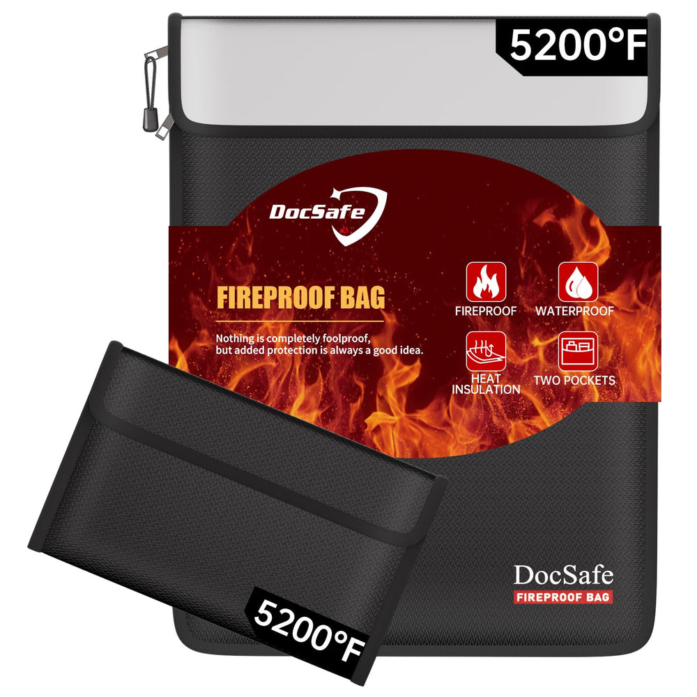 DocSafe vista frontal de la bolsa ignífuga con doble cierre, protección segura