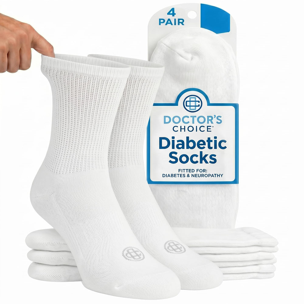 Doctor's Choice frente del paquete mostrando 4 pares y talla grande como beneficio