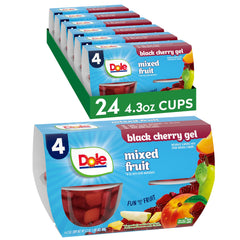 Dole vaso frontal con gel de cereza negra mostrando fruta variada y conveniencia