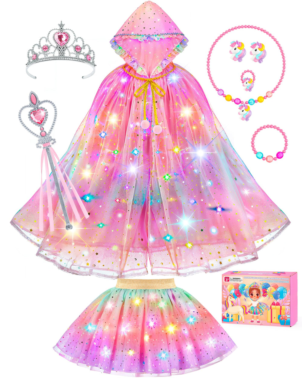 DOLNOW capa unicornio frontal mostrando luces y brillo para noches mágicas
