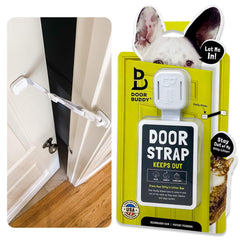 Door Buddy vista frontal de la correa gris mostrando instalación rápida y segura