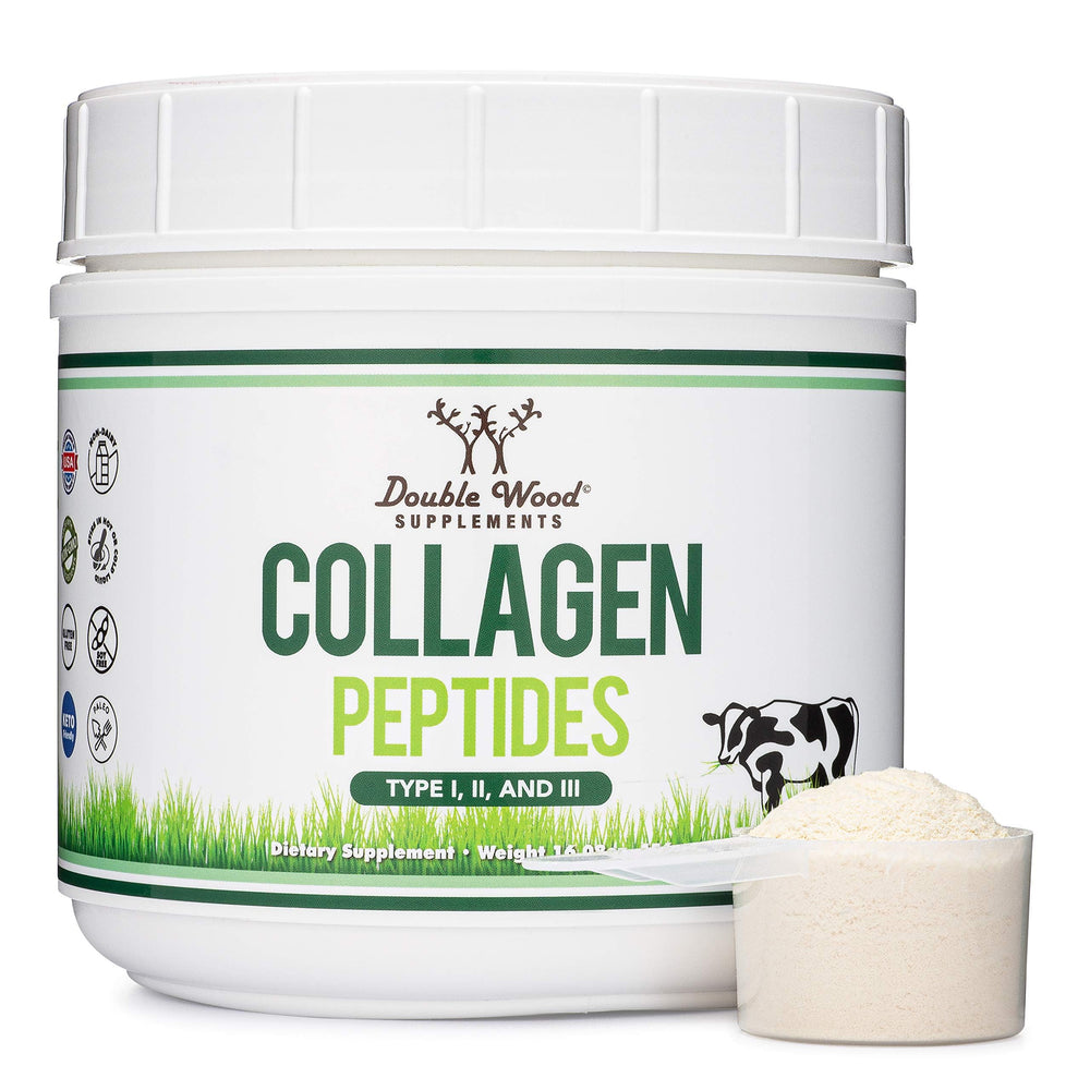 Double Wood envase frontal mostrando colágeno tipo I II III y beneficio de proteína