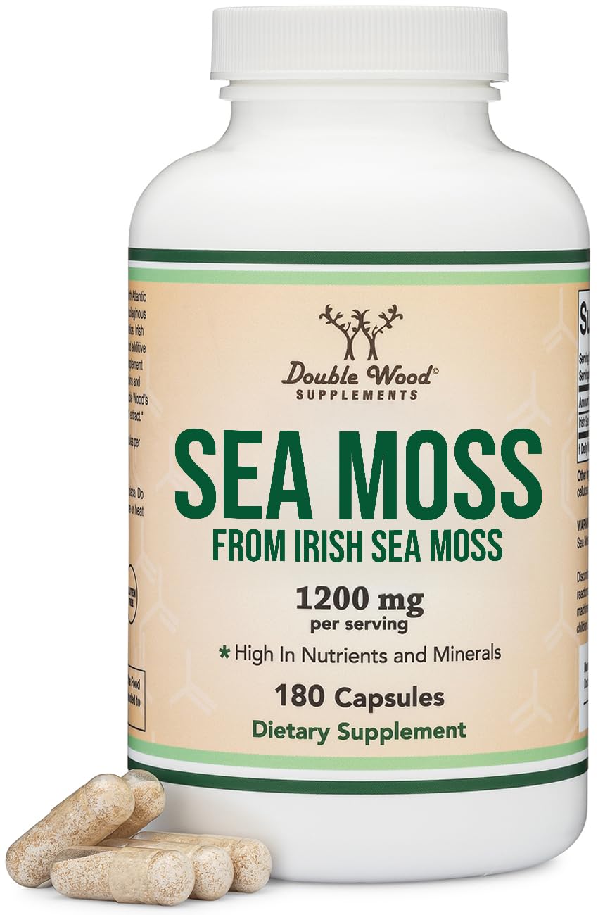 Double Wood frasco frontal de Irish Sea Moss mostrando etiqueta y beneficios