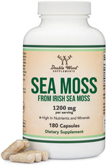 Double Wood frasco frontal de Irish Sea Moss mostrando etiqueta y beneficios