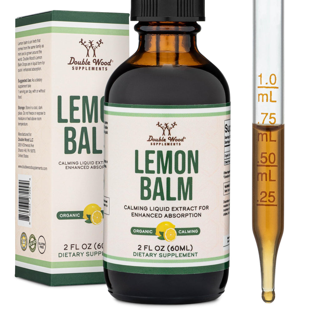 Double Wood frasco frontal de Lemon Balm mostrando el envase y beneficios