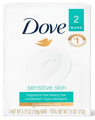 Dove barra Sensitive frente mostrando etiqueta y beneficio hidratación
