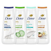 Dove colección frente packaging mostrando las cuatro botellas y beneficio hidratación