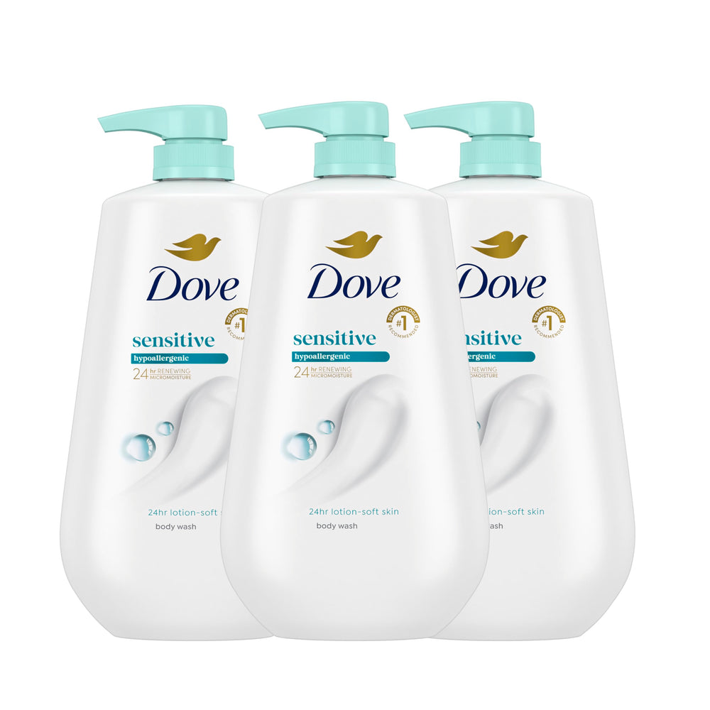 Dove gel corporal frente paquete de tres mostrando tamaño y beneficio hidratante