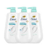 Dove gel corporal frente paquete de tres mostrando tamaño y beneficio hidratante