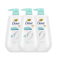 Dove gel corporal frente paquete de tres mostrando tamaño y beneficio hidratante