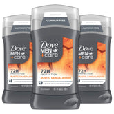 DOVE MEN + CARE frasco frontal Rustic Sandalwood mostrando el diseño y tamaño