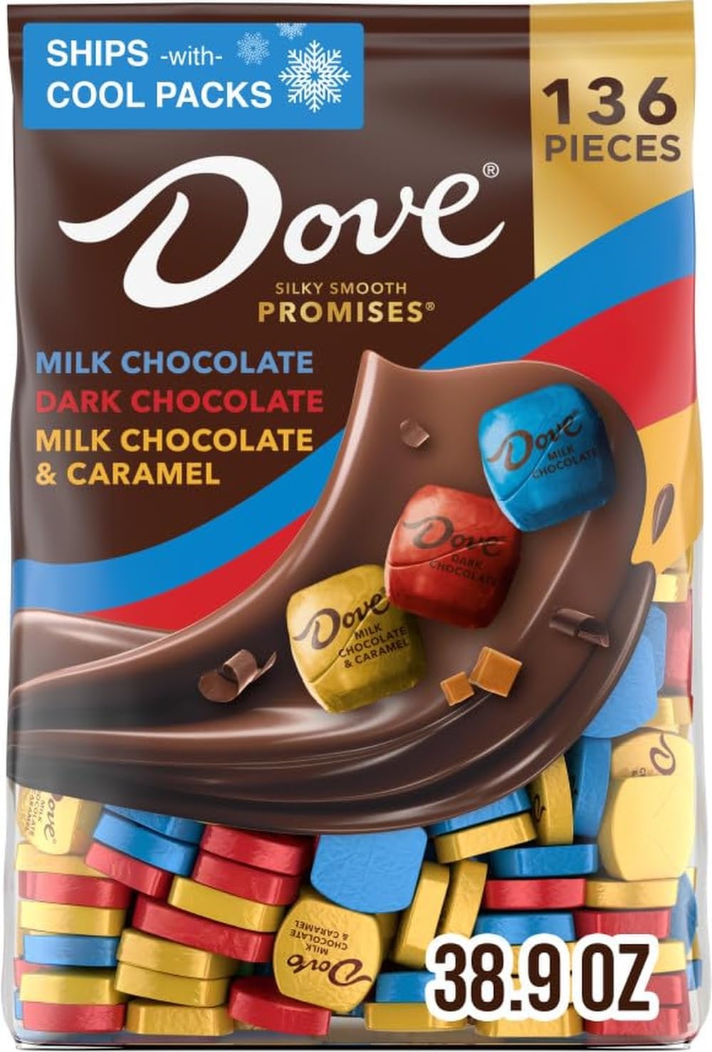 Dove front packaging showing bulk variety bag and branding benefits