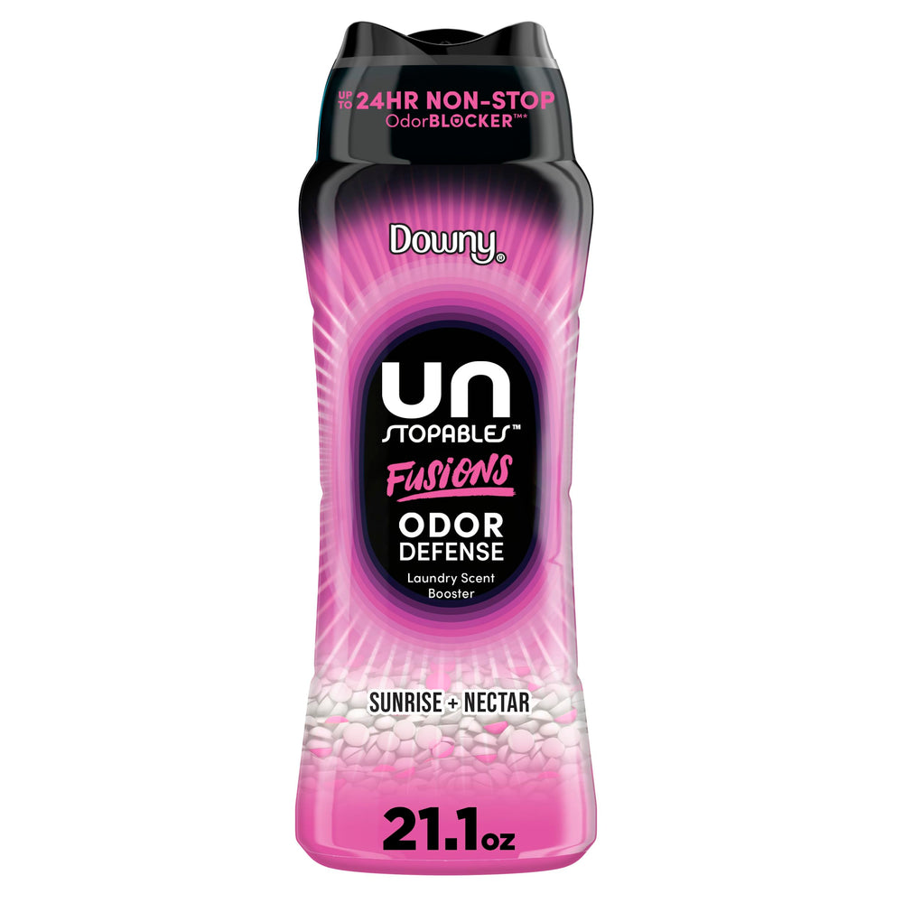 Downy Unstopables envase frontal mostrando fragancia Sunrise + Nectar y beneficio de aroma duradero