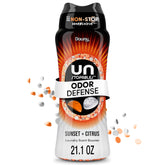 Downy Unstopables frontal del envase mostrando el diseño y el aroma Sunset & Citrus