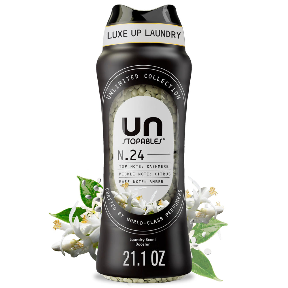 Downy Unstopables No. 24 botella frontal mostrando etiqueta y beneficio aromático