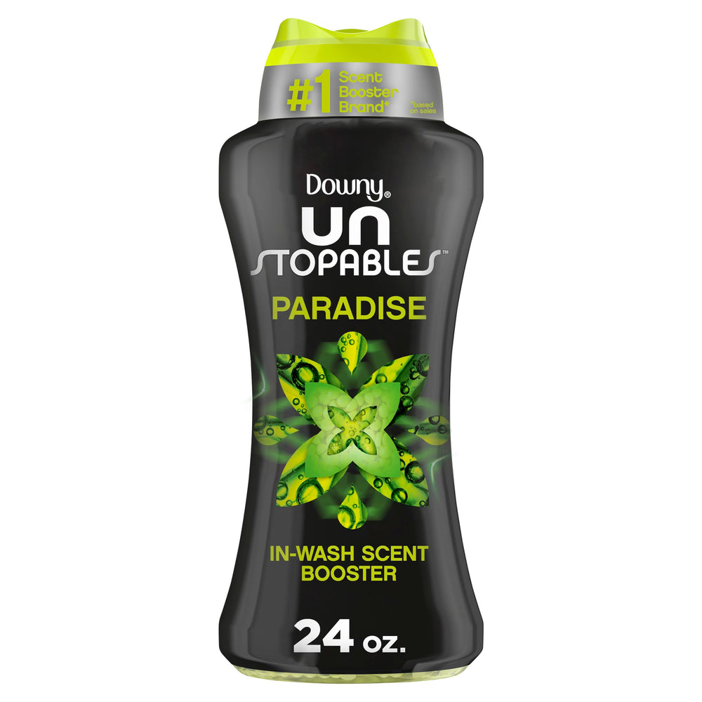 Downy Unstopables vista frontal del envase con aroma Paradise y frescura duradera