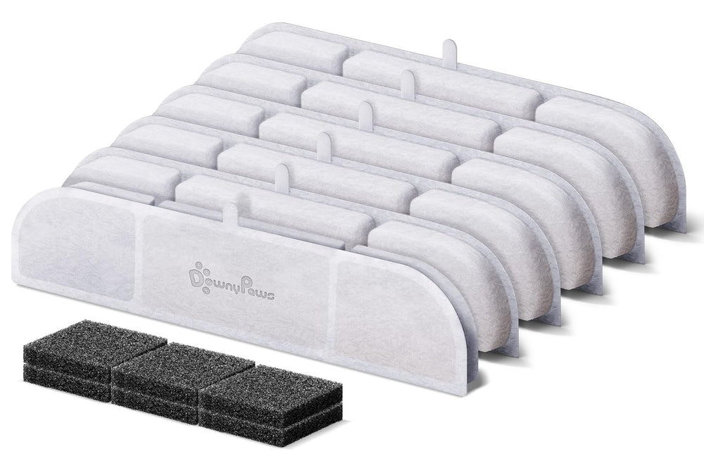 DownyPaws paquete de 6 filtros frontales mostrando caja y contenido, higiene rápida