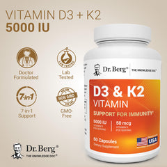 Dr. Berg detalle de etiqueta que resalta D3 5000 IU y K2 MK‑7