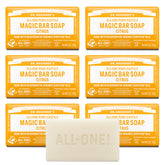 Dr. Bronner's vista frontal del jabón en barra con aroma cítrico y limpieza efectiva
