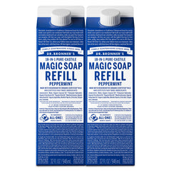 Dr. Bronner's empaque frontal recarga menta, ahorro de plástico
