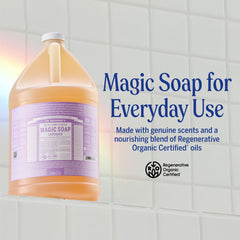 Dr. Bronner's detalle de etiqueta con ingredientes orgánicos y certificados visibles