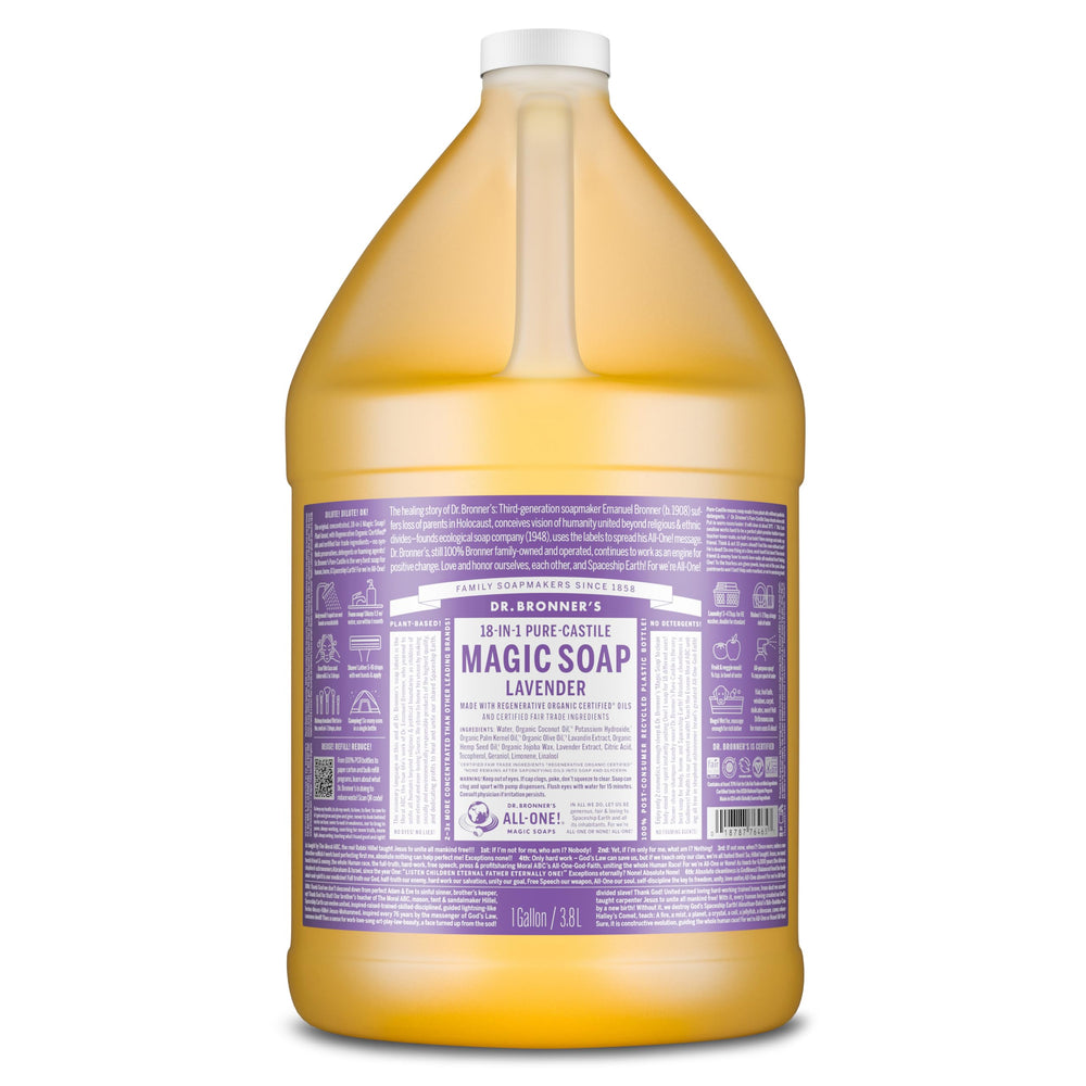 Dr. Bronner's envase galón frontal mostrando etiqueta y tamaño, ahorro por relleno