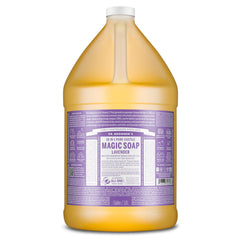 Dr. Bronner's envase galón frontal mostrando etiqueta y tamaño, ahorro por relleno