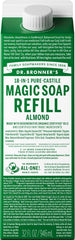 Dr. Bronner's envase de almendra frontal mostrando diseño y tamaño, opción sostenible