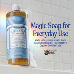 Dr. Bronner's espuma y textura del jabón, visual de espuma rica que facilita enjuague