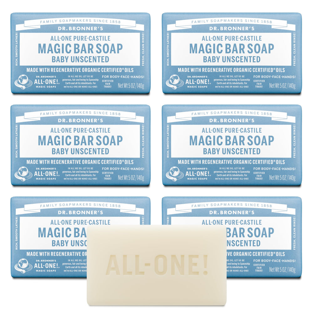 Dr. Bronner's frontal del embalaje mostrando el sello baby sin fragancia y limpieza suave