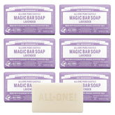 Dr. Bronner's frontal del paquete mostrando barras y aroma lavanda portátil