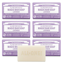 Dr. Bronner's frontal del paquete mostrando barras y aroma lavanda portátil