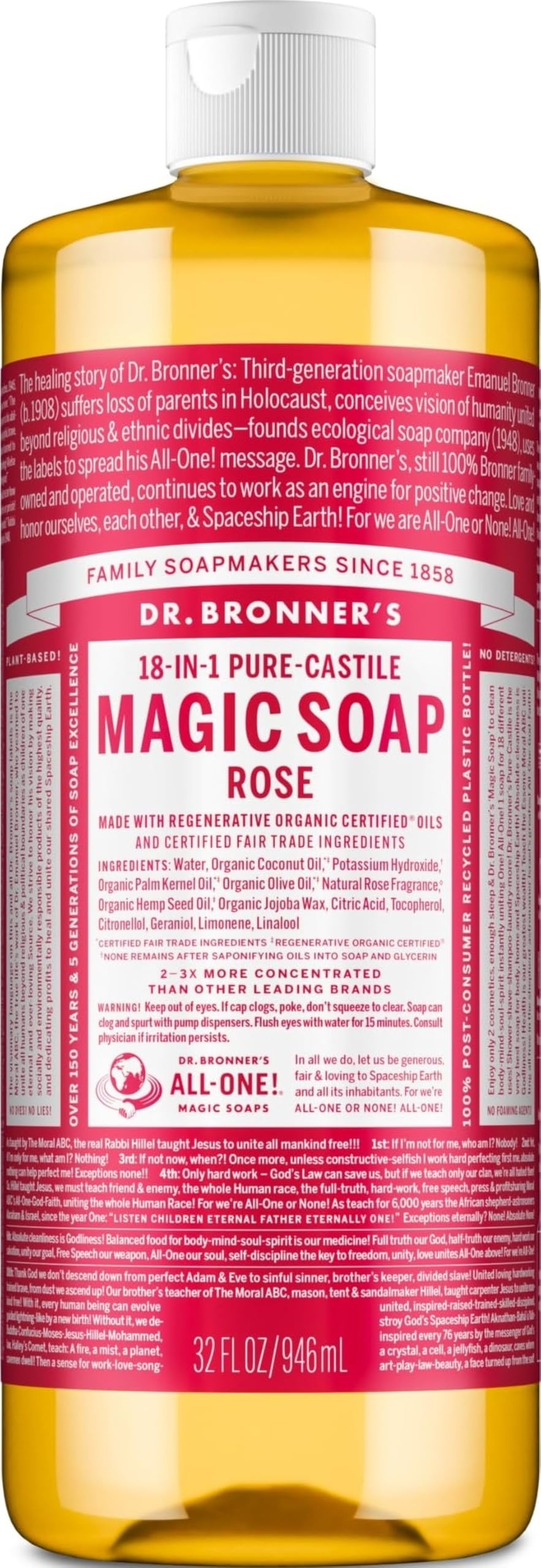 Dr. Bronner's botella frontal 32 oz mostrando aroma rosa y tamaño conveniente