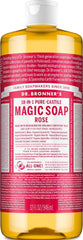 Dr. Bronner's botella frontal 32 oz mostrando aroma rosa y tamaño conveniente