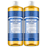 Dr. Bronner's vista frontal del pack de dos botellas muestra ahorro y versatilidad
