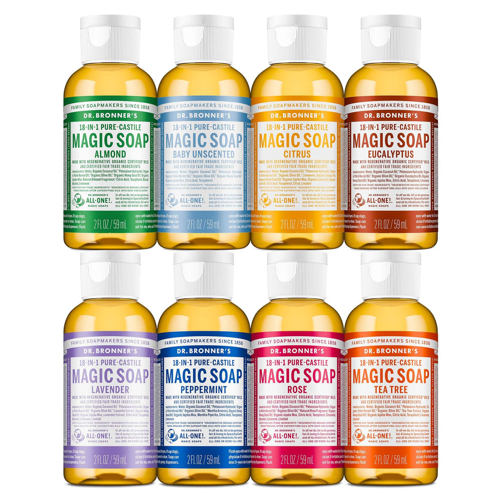 Dr. Bronner's frente del pack variedad 2 oz mostrando etiquetas y colores