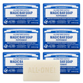 Dr. Bronner's front packaging showing six peppermint soap bars and labeling benefit