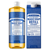 Dr. Bronner's botella frontal de menta mostrando diseño y uso sostenible