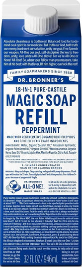 Dr. Bronner's caja recarga peppermint frontal mostrando ahorro de plástico