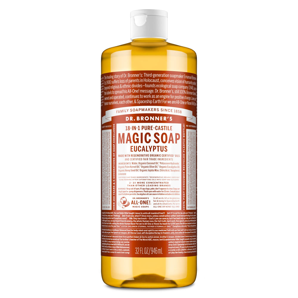 Dr. Bronner's botella frontal eucalipto mostrando tamaño y diseño
