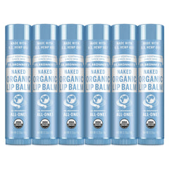 Dr. Bronner’s frontal del paquete mostrando seis bálsamos, hidratación portátil