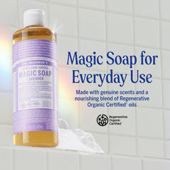 Dr. Bronner's etiqueta con lista de ingredientes orgánicos y sello comercio justo