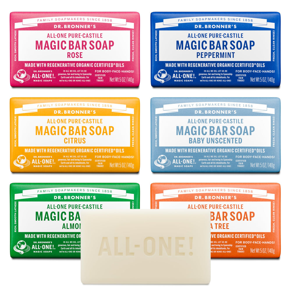 Dr. Bronner's pack frontal mostrando cinco barras variadas y beneficios sostenibles
