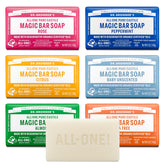 Dr. Bronner's pack frontal mostrando cinco barras variadas y beneficios sostenibles