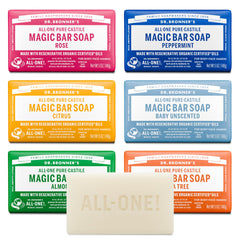 Dr. Bronner's pack frontal mostrando cinco barras variadas y beneficios sostenibles