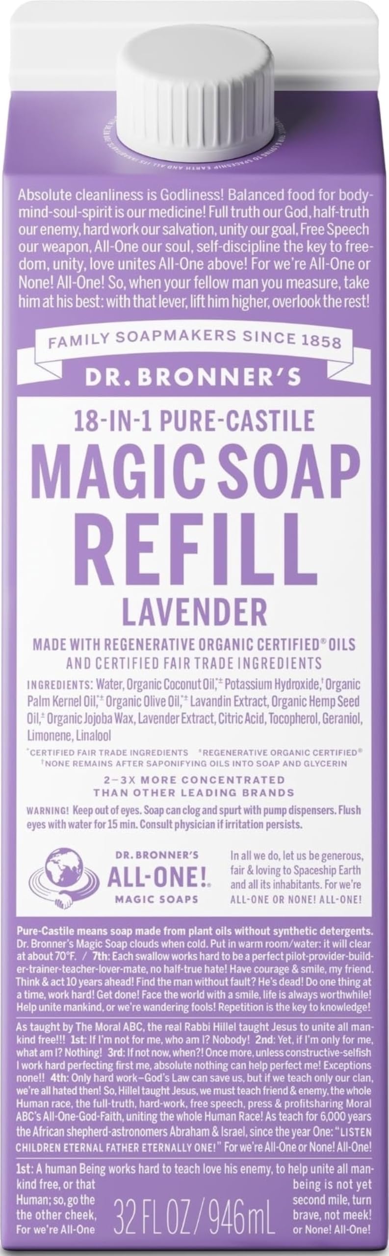 Dr. Bronner's recarga lavanda vista frontal y beneficios de ahorro de plástico
