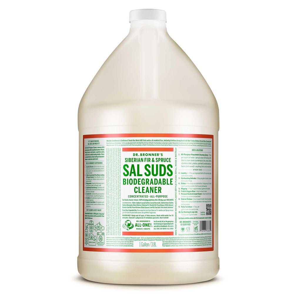 Dr. Bronner's botella frontal del galón mostrando etiqueta y beneficio de ahorro
