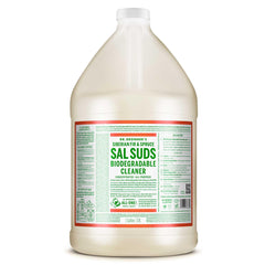 Dr. Bronner's botella frontal del galón mostrando etiqueta y beneficio de ahorro