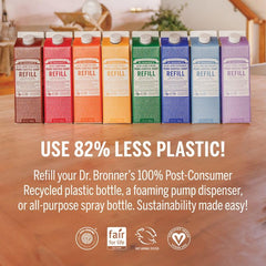 Dr. Bronner's envase 32oz comparado con botella para medir rendimiento concentrado