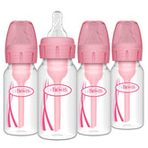 Dr. Brown's biberón frontal rosa mostrando forma estrecha y capacidad 120 ml